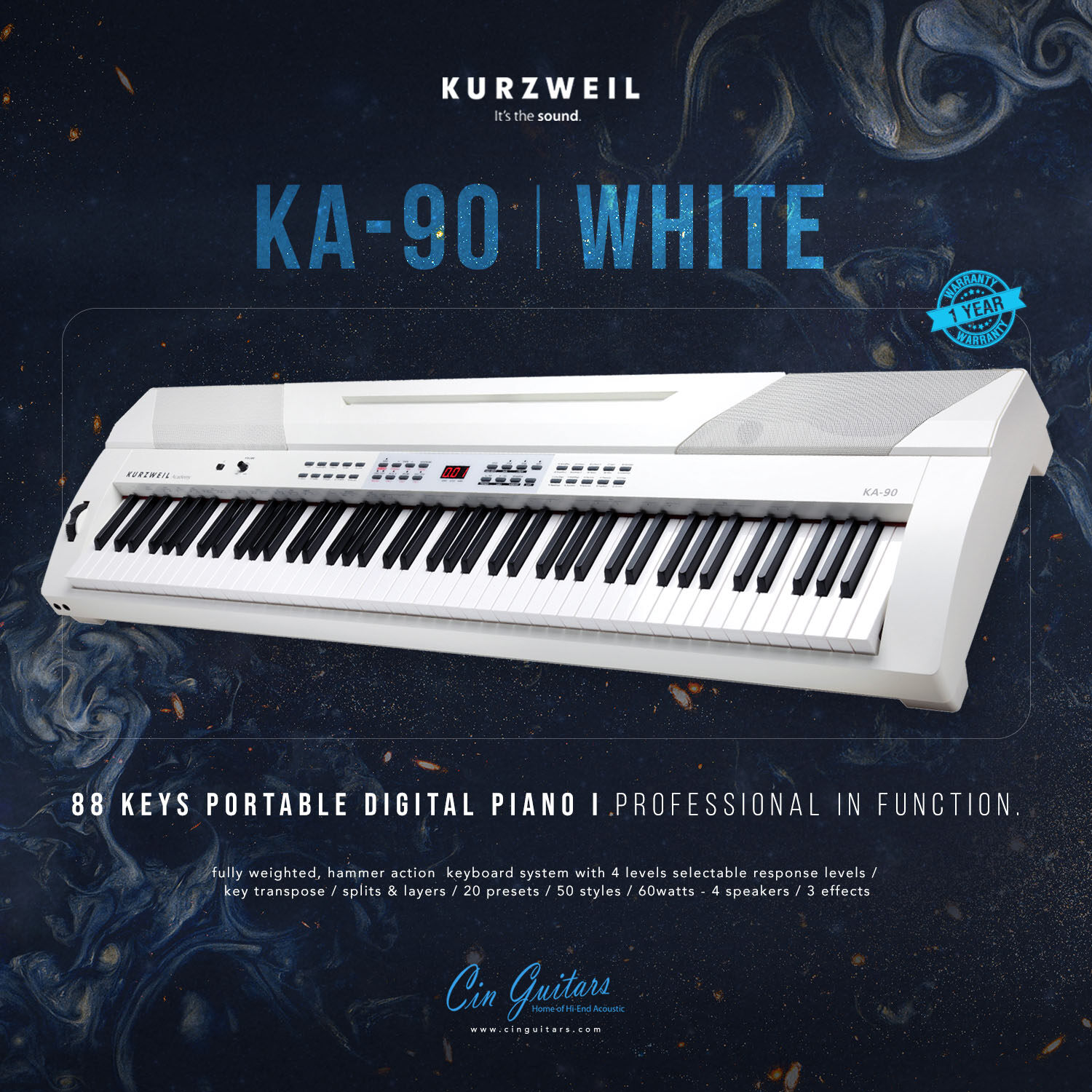 Kurzweil KA-90 Portable Digital Piano I เปียโนไฟฟ้า 88 Keys (รับประกัน 1 ปี, มีให้เลือก 2 สี) ส่งฟรี ! พร้อมโปรโมชั่นผ่อน 0% และเก็บเงินปลายทาง