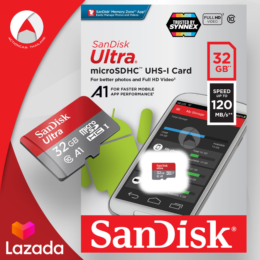 Sandisk Ultra microSD Card SDHC ความเร็วอ่าน 120MB/s ความจุ 32GB Class 10 A1 (SDSQUA4-032G-GN6MN) รุ่นใหม่ ไม่มีอะแดปเตอร์ เมมโมรี่ การ์ด แซนดิส Memory ประกัน Synnex 10 ปี (แดงเทา)