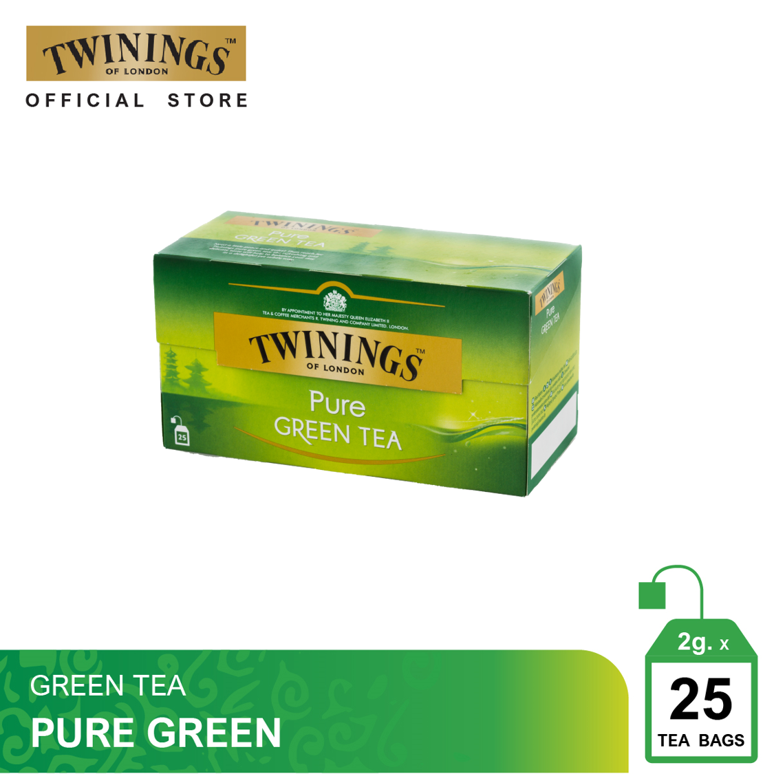 ทไวนิงส์ ชาเขียว เพียว กรีนที ชนิดซอง 2 กรัม แพ็ค 25 ซอง Twinings Pure Green Tea 2 g. Pack 25 Tea Bags