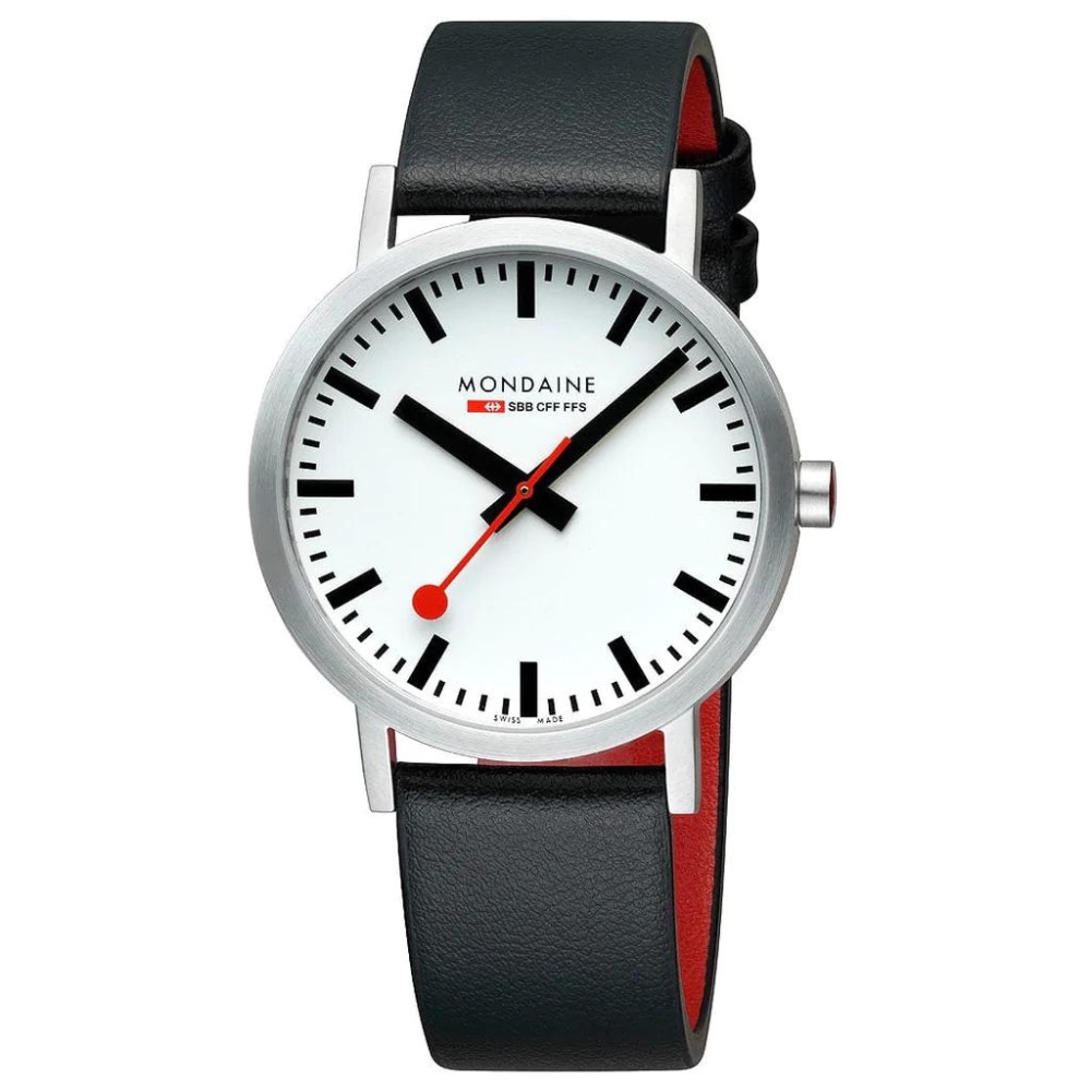 นาฬิกาข้อมือ Mondaine CLASSIC 40mm, ตัวเรือนสแตนเลสสตีลขัดเงา และสายหนังองุ่นสีดำวีแกน, A660.30360.16SBBV ราคา 10,500 บาท*ส่งฟรี
