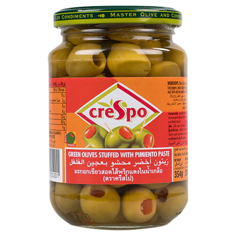 Crespo Green Olives Pimento 354g.มะกอกในน้ำเกลือสอดใส้พริก