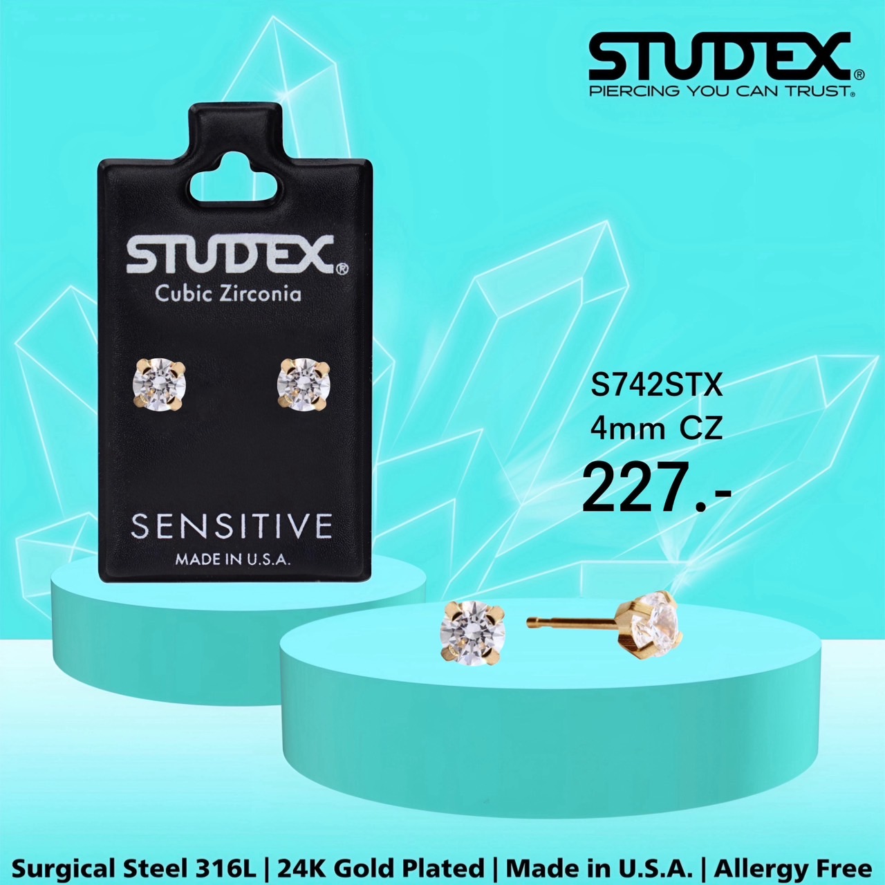 Studex S742Stx Fashionable Earrings for Sensitive Ears, 24K Gold Plated, 4mm Cz. ราคา 227 บาท*ส่งฟรี