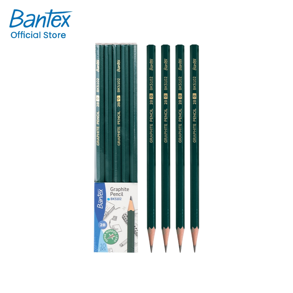 Bantex ดินสอ 2B ดินสอไม้ ด้ามสีเขียว 10แท่ง และสีพาสเทล 12แท่ง ไส้ดำ เขียนลื่น เหลาง่าย Pencils