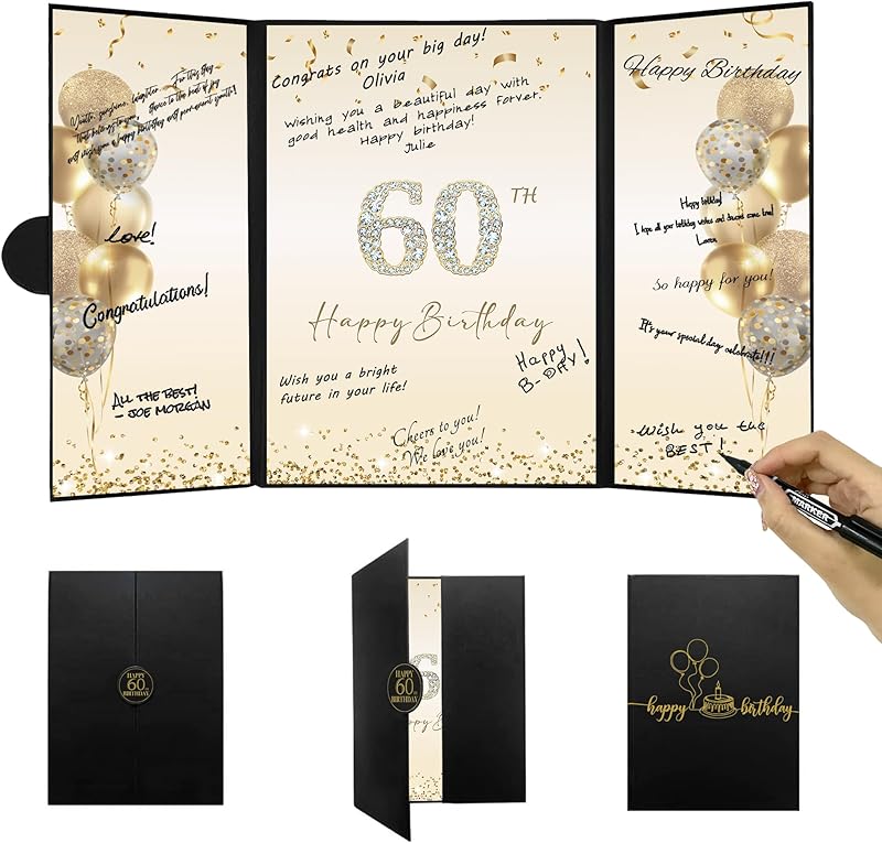 DARUNAXY Black Gold 60th Birthday Party Decorations Happy 60th Birthday Alternative Signature Guest Book for Men Women Cheers to 60 Years Old Gifts 60 Birthday Signing Card Board Party Supplies