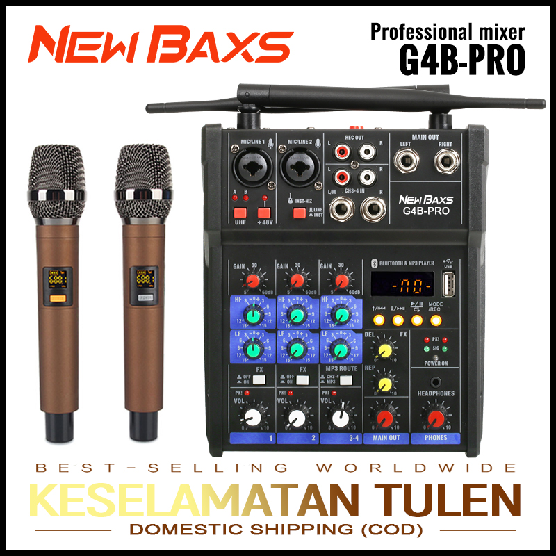 NewBaxs G4B-PRO professional audio mixer 4 channel UHF wireless microphone 80 m receiver distance support pc/usb/ MP3/Bluetooth playing DJ mixer family singing band performance ราคา 1,599 บาท*ส่งฟรี