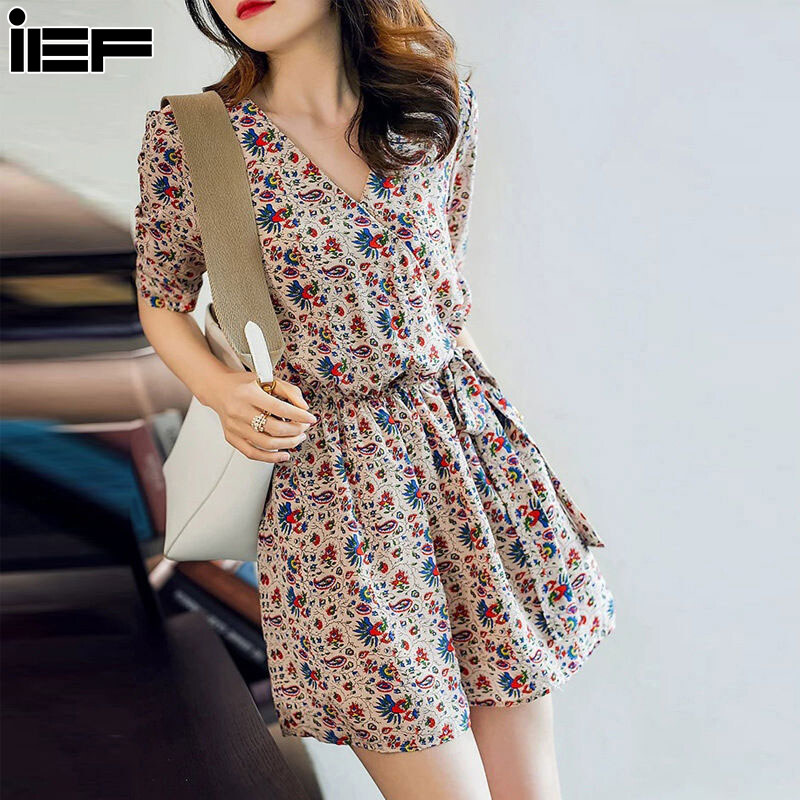 IEF Printed Short Sleeve Small Jumpsuits, Small V-Neck Jumpsuits Reduce Waist Temperament Age Women, Women's Dresses, Female Chinese New Year Dress, 2024 ราคา 150 บาท*ส่งฟรี