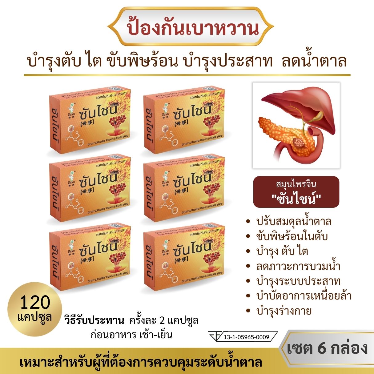 (ส่งฟรี)สมุนไพรจีนฟื้นฟูเบาหวาน ตรา ซันไชน์ ขนาดบรรจุ 6 กล่อง มี 120 แคปซูล ราคา 1,380 บาท*ส่งฟรี