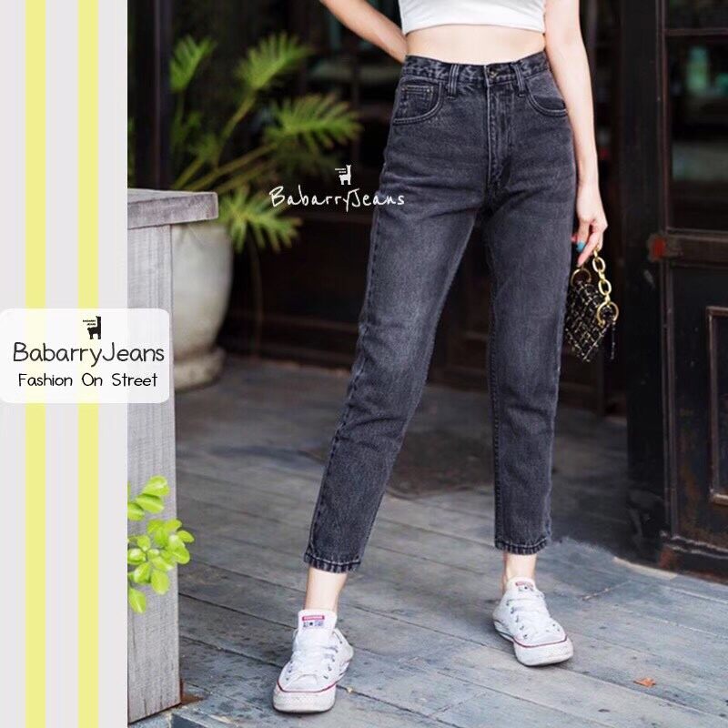 BabarryJeans ยีนส์ทรงบอยเฟรน เอวสูง ผ้าไม่ยืด รุ่นคลาสสิค (ORIGINAL) สีดำฟอก