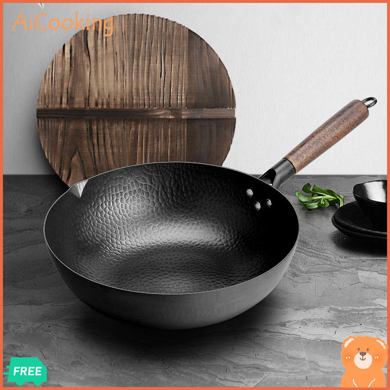 AiCooking กระทะเหล็ก กระทะกลม กระทะทรงลึก Wok Iron Fry Pan แฮนด์เมด 32cmไม่สนิม ไม่มีการเคลือบผิว Non Stick กระทะทอดผัดต้ม สามารถใช้พลั่วเหล็กและลูกเหล็ก เตาแม่เหล็กไฟฟ้าเตาแก๊สใช้ได้ จัดส่งได้ทันที