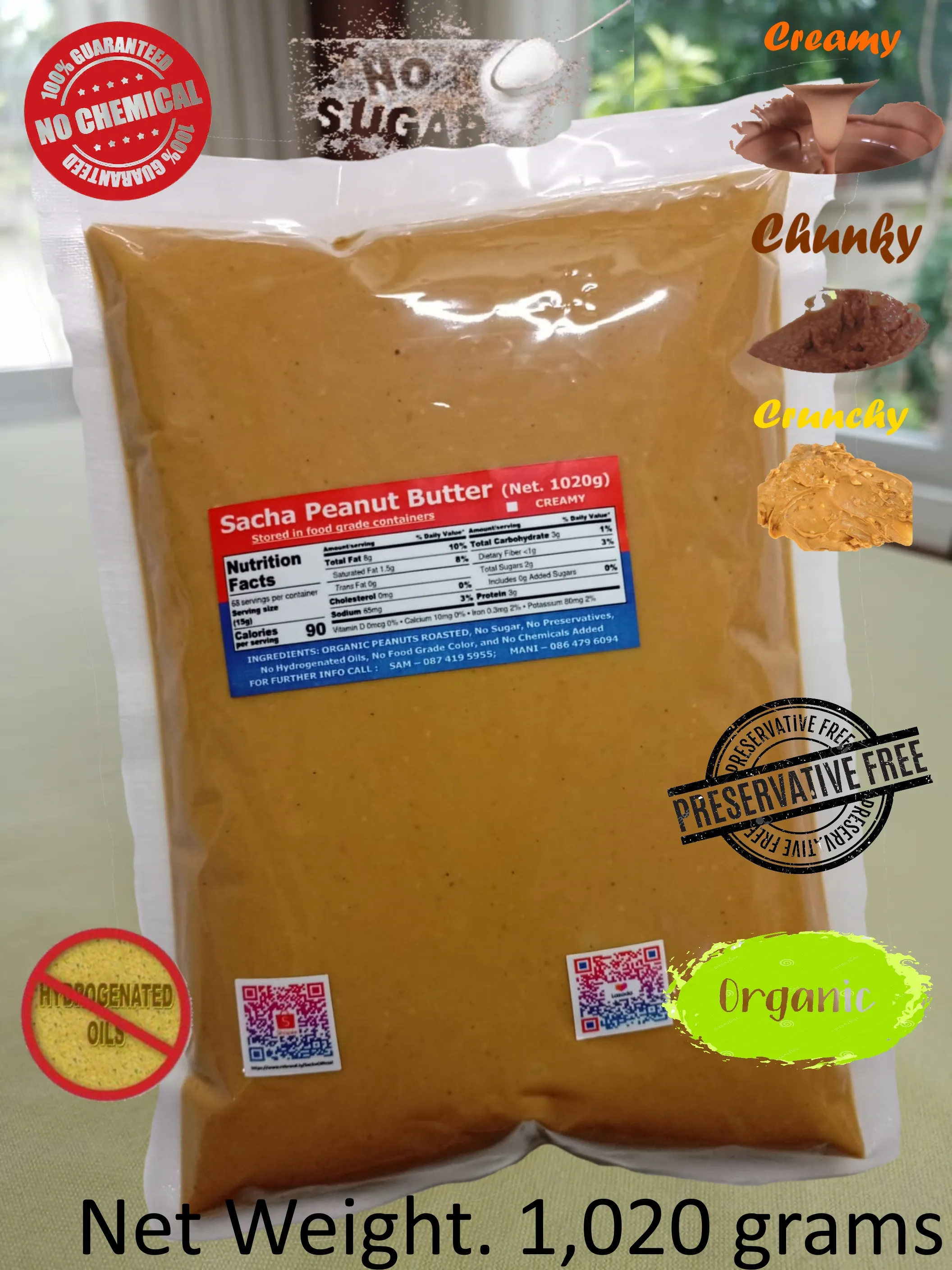 Sacha Peanut Butter (Creamy / Chunky / Crunchy) All Natural Organic (1,020 grams) - Free Delivery, ซาช่า-เนยถั่ว (ส่งฟรี)
