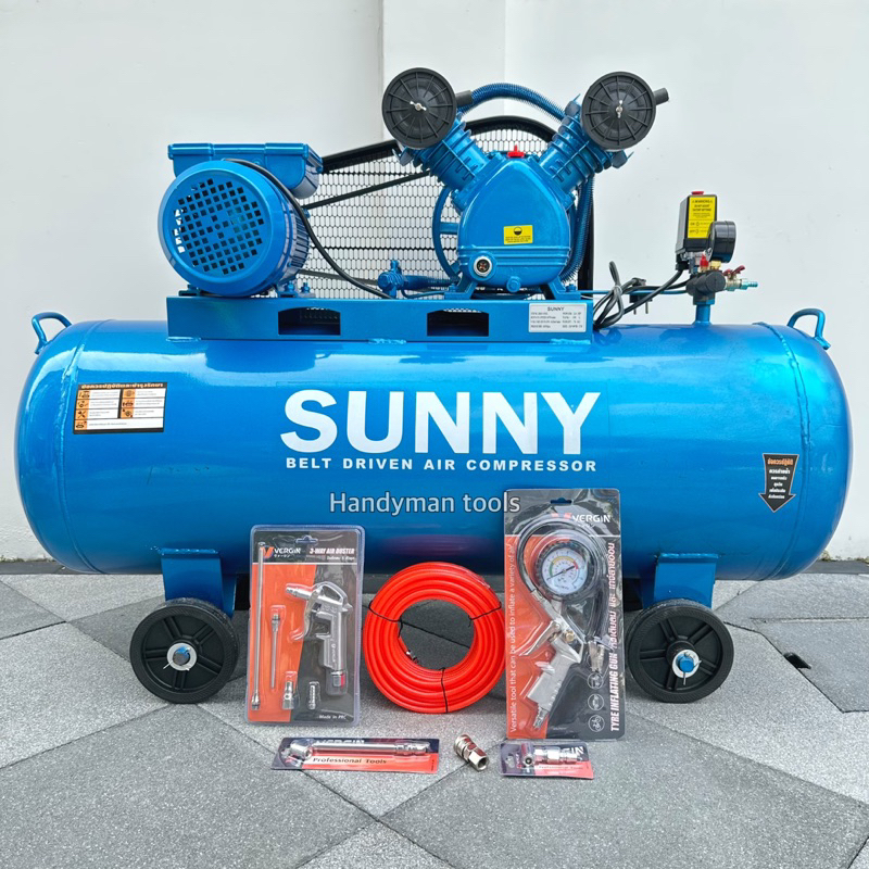 SUNNY ปั๊มลม ถังลม ขนาด 150 ลิตร มอเตอร์ 3 แรงม้า 2 สูบ ขนาดกระบอกสูบ 65mm มอเตอร์ทองแดงแท้ ทนทาน พร้อมอุปกรณ์ 6 อย่าง (สินค้ามีตัวเลือก) - ยี่ห้อ Sunny ราคา 10,590 บาท*ส่งฟรี