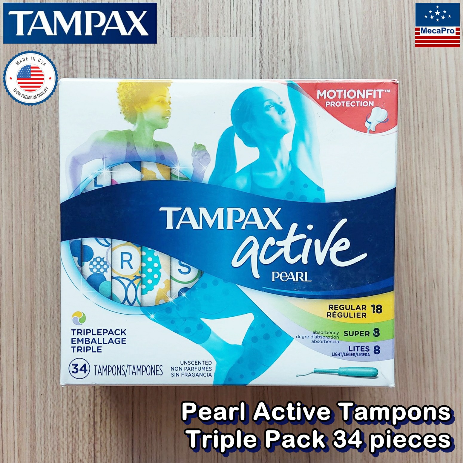 Tampax® Pearl Active Tampons Triple Pack 34 pieces ผ้าอนามัยแบบสอด เหมาะกับวันมาน้อย-มามาก Packaging May Vary