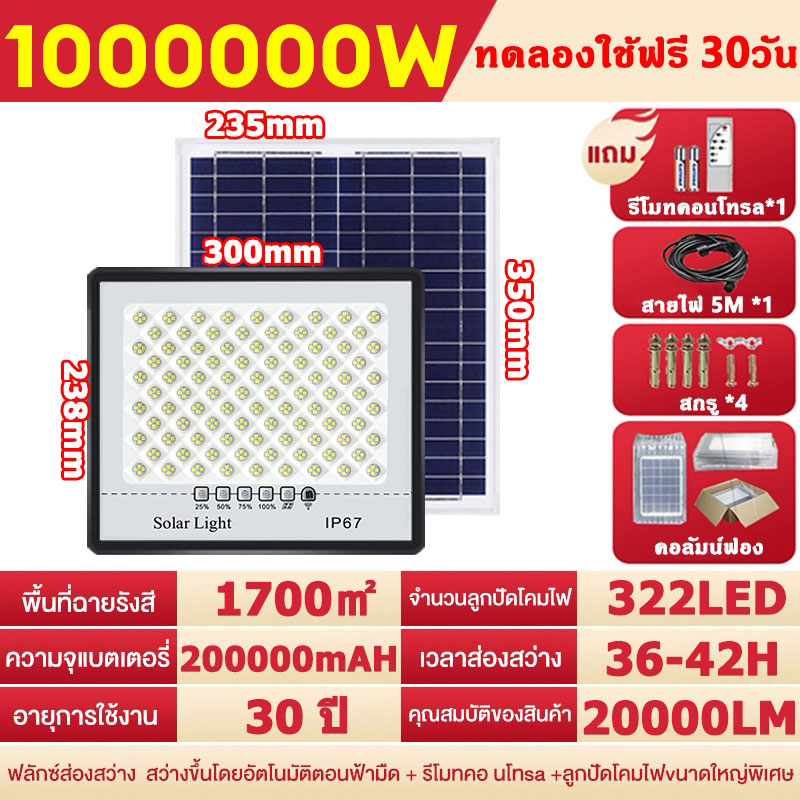 🌞รับประกัน 30ปี ไฟโซล่าเซลล์ ไฟ led โซล่าเซลล์1000wแท้ Solar Light โคมไฟโซล่าเซล กันน้ำ ป้องกันฟ้าผ่า การควบคุมแสงอัจฉริยะ ไฟสปอร์ตไลท์ Solar Light ไฟภายนอกอาคาร โซล่าเซลล์ ไฟพลังงานแสงอาทิตย์ มีการรับประกันจากผู้ขาย