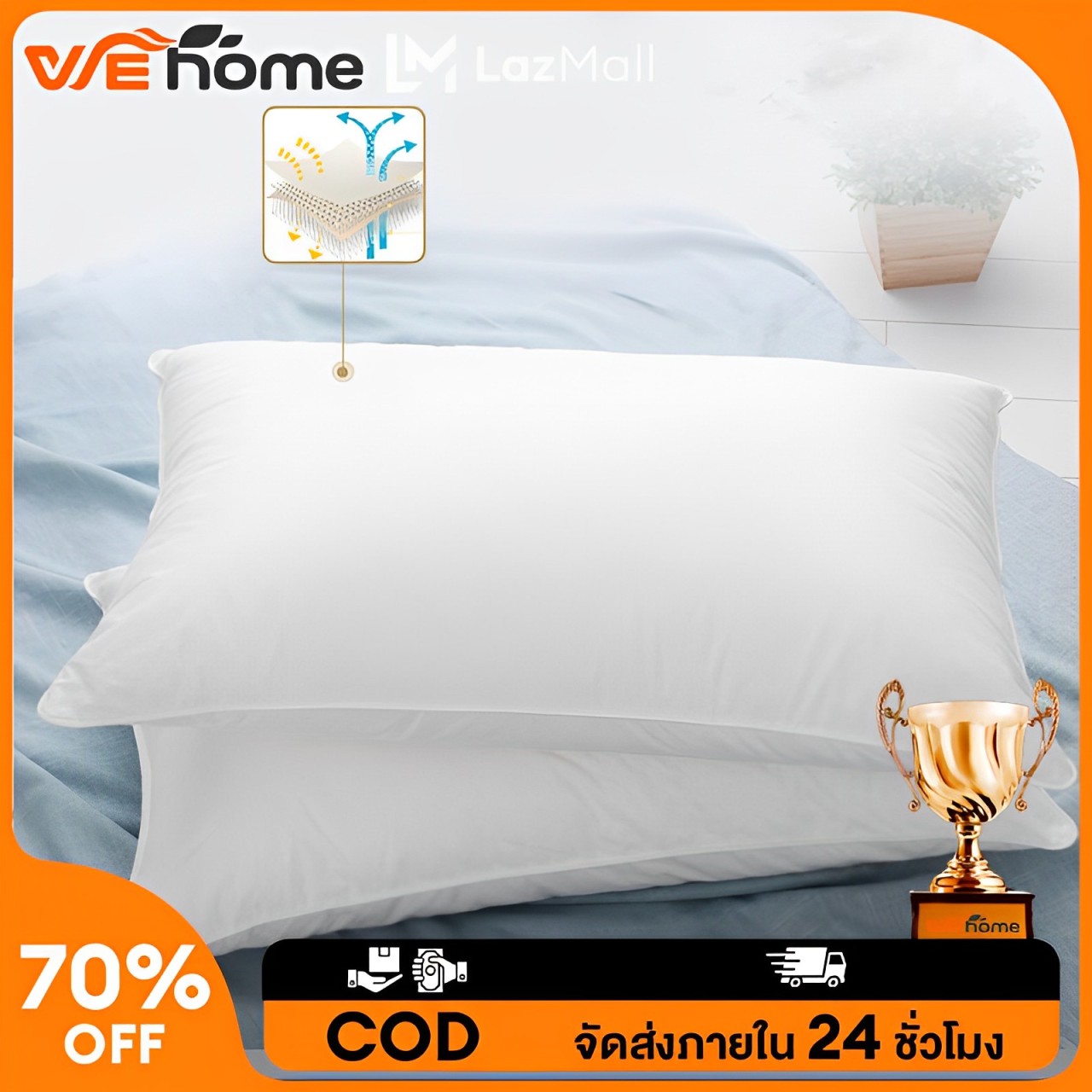WEHOME หมอนหนุน ขนห่านแท้ หมอนยาว หมอนโรงแรม5 ดาว แก้ปวดคอ มี 3 ระดับ ใยฟู เด้ง หมอนโรงแรม COD ราคา 469 บาท*ส่งฟรี