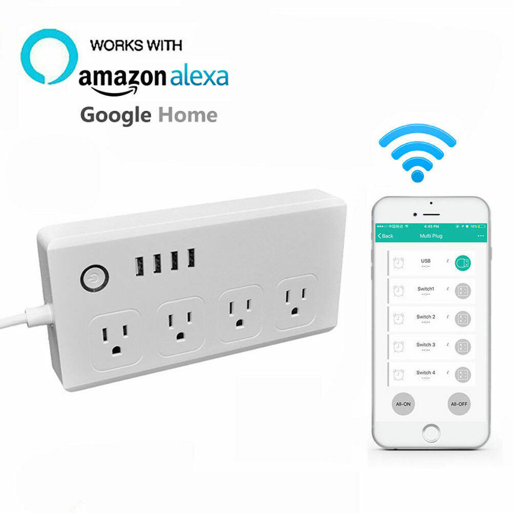 สมาร์ทปลั๊ก Wifi Smart Power Strip Surge Protector Compatible With Alexa Google Assistant, Smart Multi Plug Outlet With 4 Outlet And 4 USB Port