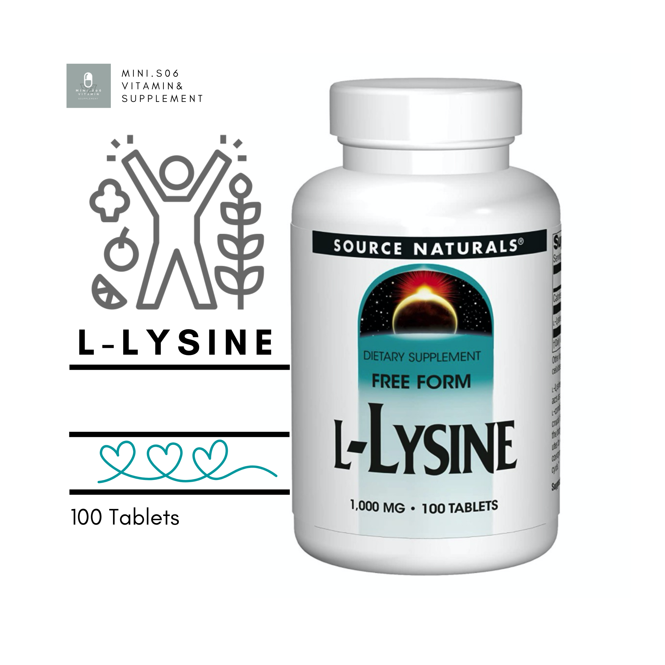 แอล ไลซีน - Source Naturals, L-Lysine, 1,000 mg x 100 Tablets