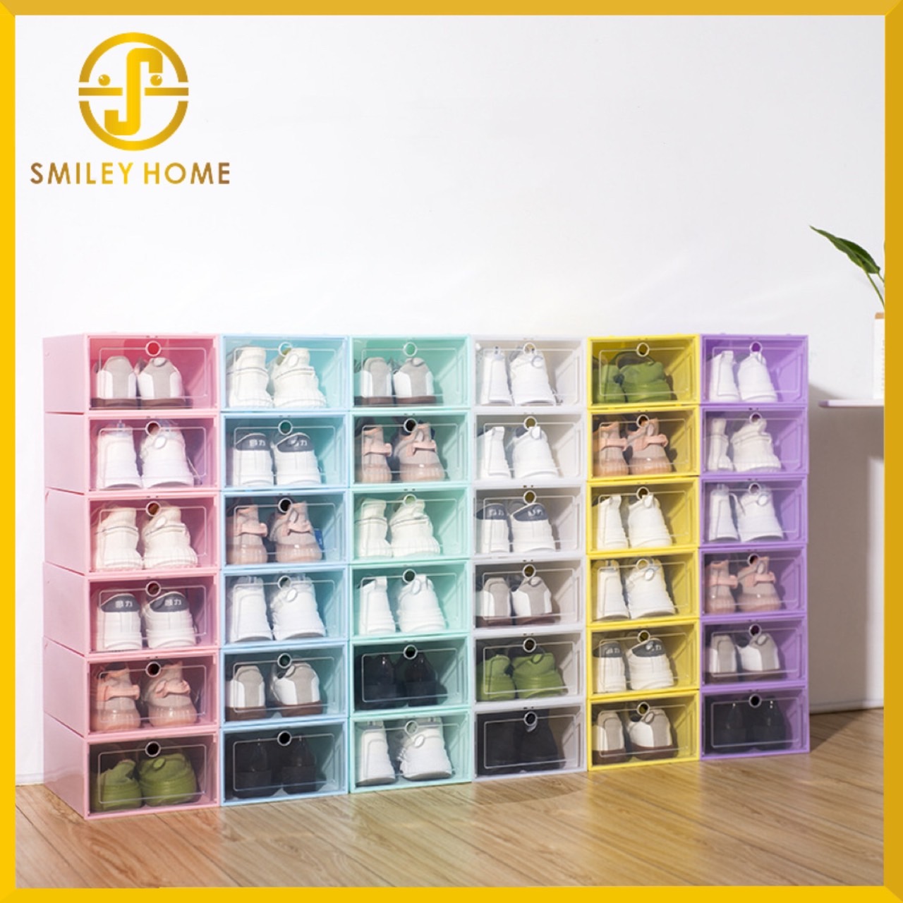 Smiley Home  กล่องพลาสติกใส่รองเท้า ฝาหน้าเปิดปิดได้ พับเก็บได้และต่อได้หลายชั้น สีพาสเทล ราคาต่อกล่องและประกอบเอง
