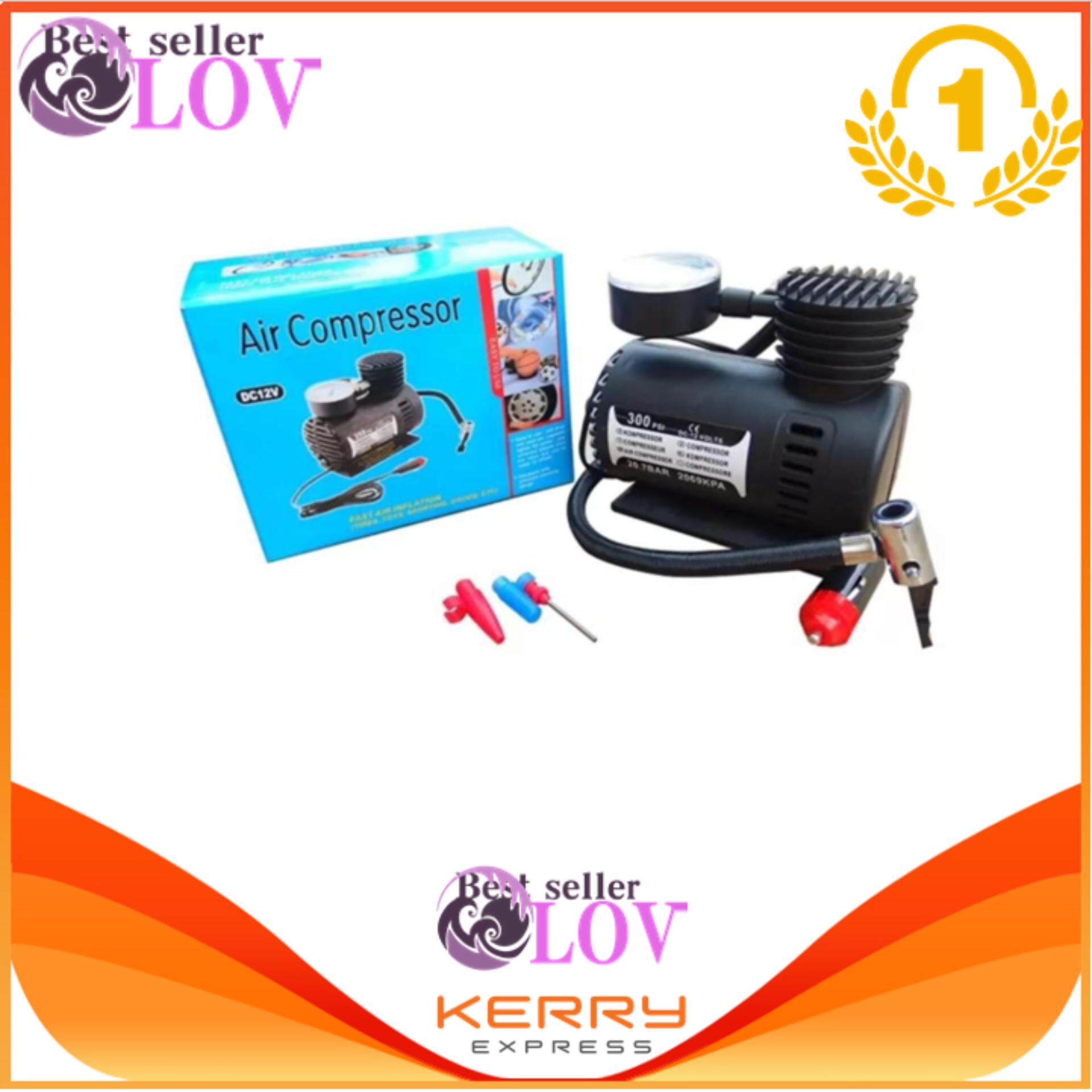 LOVBAG Air Compressor ปั้มลมไฟฟ้าสำหรับรถยนต์ ปั๊มลมติดรถยนต์ ปั๊มเติมลมยาง Air pump 300PSI 12V (สีดำ)