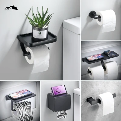 [TI-03] Aluminum Double Functions Bathroom Bedding Toilet Roll Holder Toilet Paper Holder with Phone Holder (Black)