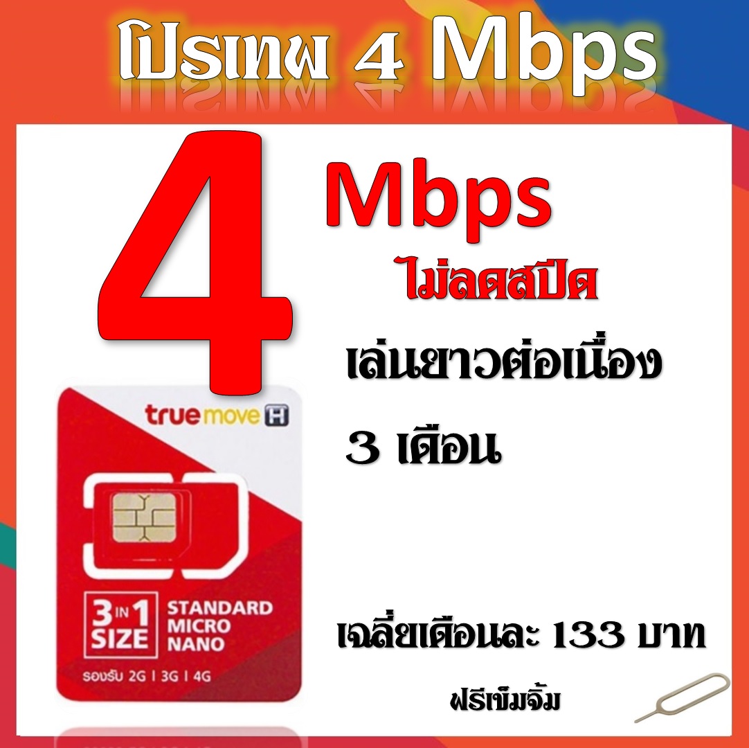 โปรเทพ 4 Mbps ไม่ลดสปีด เล่นไม่อั้น ใช้นาน 3 เดือน แถมฟรีเข็มจิ้มซิม