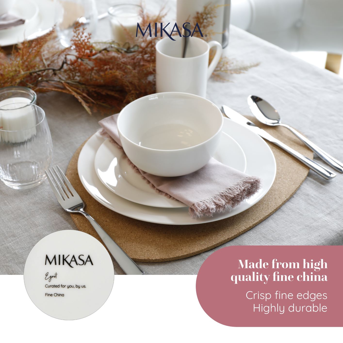 Mikasa Egret 12pc Bone China Dinner Set, White Dinner Serve for 4- Dinner Plates, Side Plates & Bowls- Dishwasher Safe ราคา 2,895 บาท*ส่งฟรี