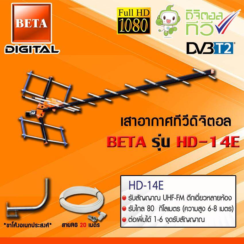 ชุดเสาอากาศทีวีดิจิตอล BETA รุ่น HD-14E + ขาโค้งอเนกประสงค์ พร้อมสายRG6 20เมตร ราคา 515 บาท*ส่งฟรี