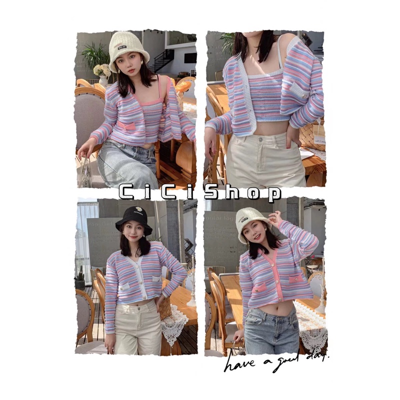 Cici(Z8611)SET 2 ชิ้นสายเดี่ยว+เสื้อแขนยาวไหมพรมสีไล่เรนโบว์สีหวานน่ารักมากกโคเรียสุดๆ ราคา 171 บาท*ส่งฟรี