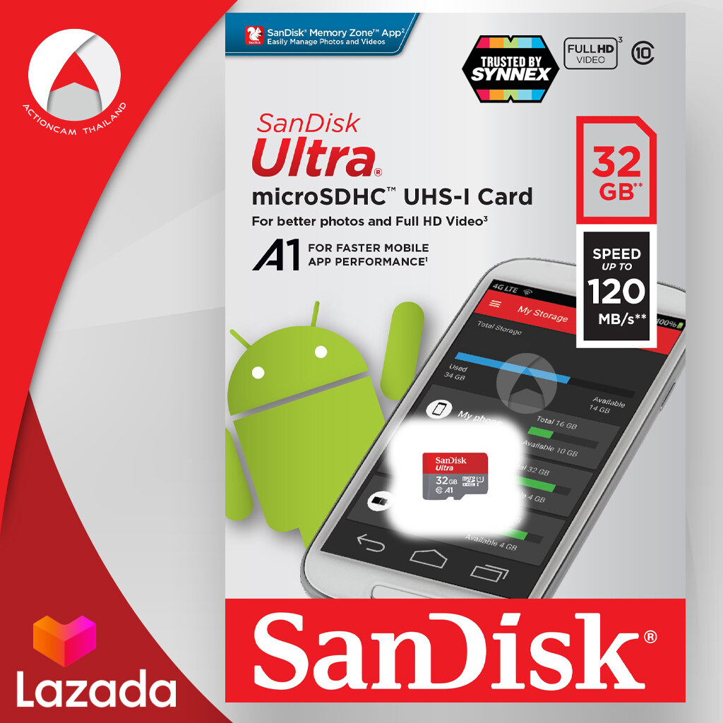 Sandisk Ultra microSD Card SDHC ความเร็วอ่าน 120MB/s ความจุ 32GB Class 10 A1 (SDSQUA4-032G-GN6MN) รุ่นใหม่ ไม่มีอะแดปเตอร์ เมมโมรี่ การ์ด แซนดิส Memory ประกัน Synnex 10 ปี แดงเทา