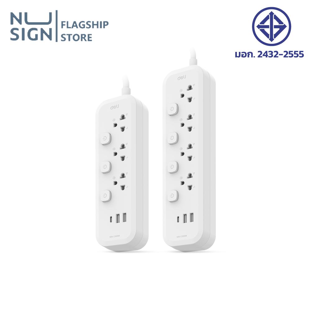 Nusign Power Strip, Power Strip with 3-Prong Plug, Separate Switch for Each Plug, 3-4 USB Type-C Ports, 2300W, Tis Certified. 1 Year Warranty Power Socket ราคา 399 บาท*ส่งฟรี