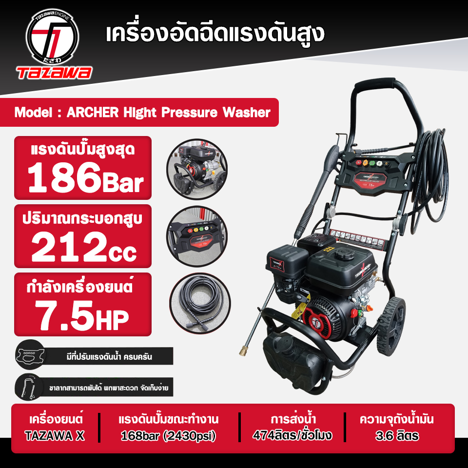 Tazawa special high pressure Japanese injection molding machine X Archer plus 7.5 HP 186 bar motorized 4 stroke trolley-suitable for cleaning heavy duty ราคา 12,500 บาท*ส่งฟรี