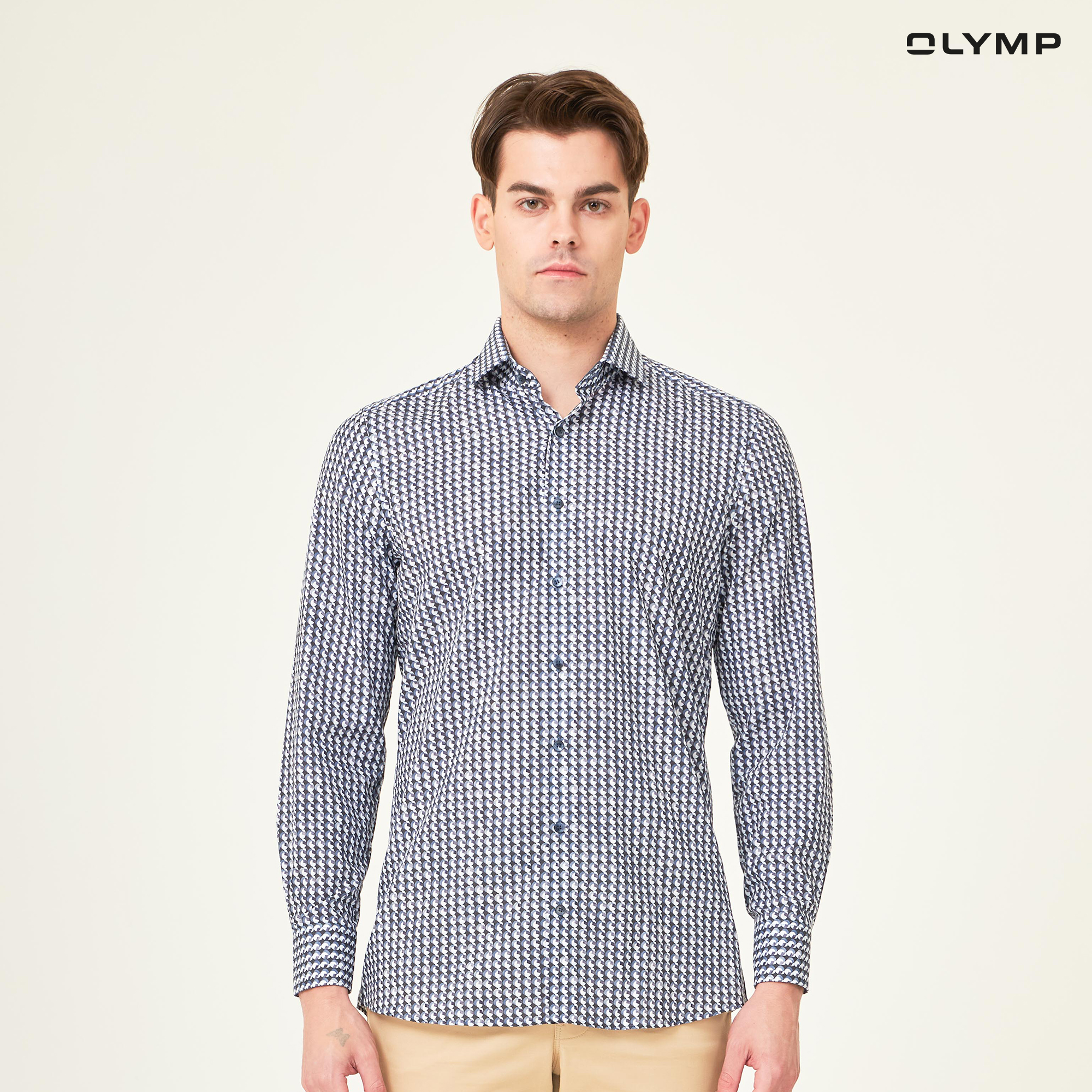 OLYMP Level Five Shirt เสื้อเชิ้ตชาย สีน้ำเงิน พิมพ์ลายกราฟิก ทรงพอดีตัว ยืดหยุ่นได้ดี รีดง่าย AUTU23 ราคา 1,190 บาท*ส่งฟรี
