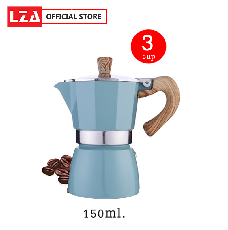 LZA หม้อต้มกาแฟ Moka Pot (สีฟ้า)รุ่นK91 ต้มกาแฟ ขนาด 6 คัพ 300 ml. และ 3 คัพ 150 ml. สินค้าคุณภาพเกรดA ที่จับทนความร้อนทำจากไม้ไบโอนิค แข็งแรง