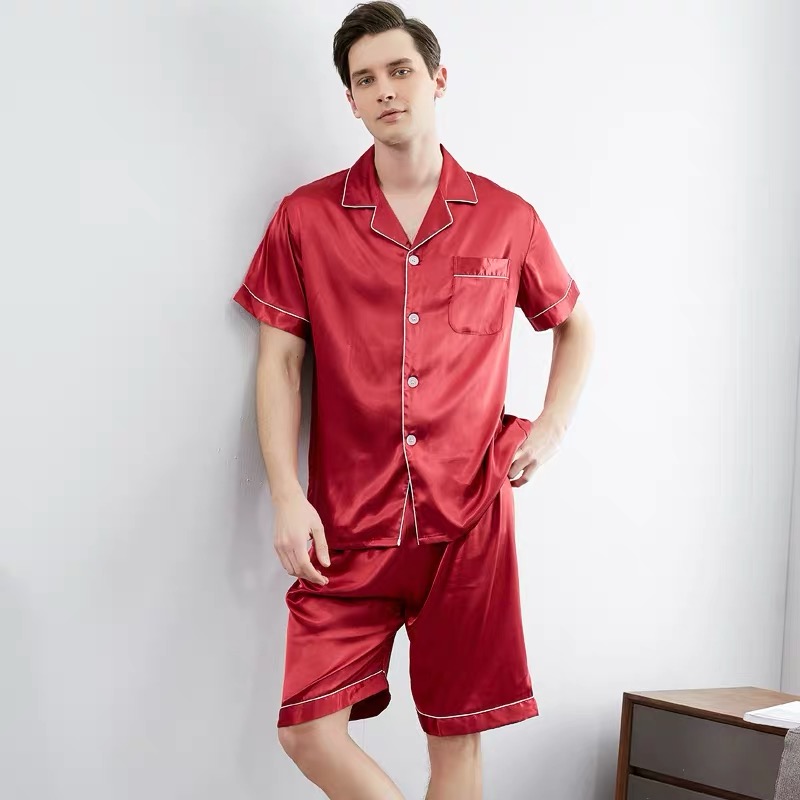 XY-FASHIONชุดนอนชายสี่ล้วนmenผ้าซาติน， 【เสื้อแขนสั้น+กางเกงขาสั้น】