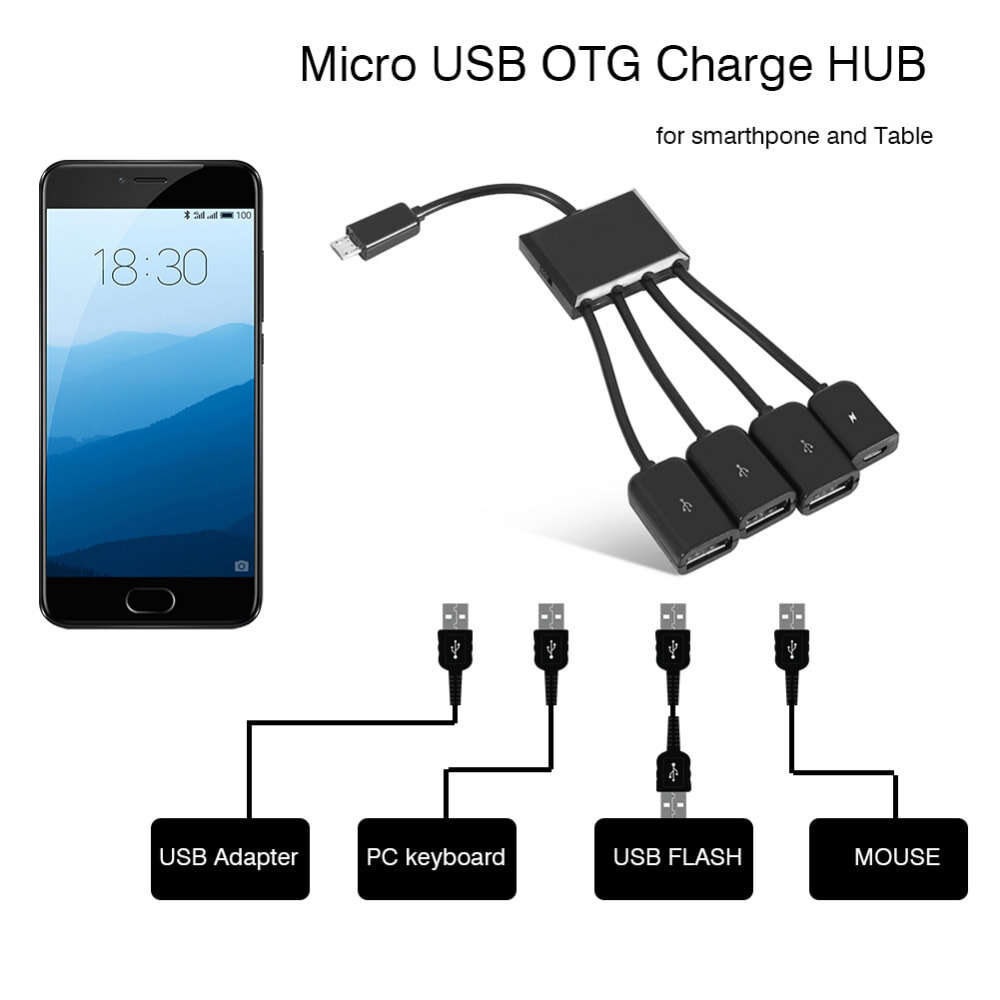 OTG Hub เคเบิลตัวเชื่อมต่อตัวแยก 4 พอร์ต Micro USB Power การชาร์จเครื่องชาร์จ micro USB OTG 4 in 1