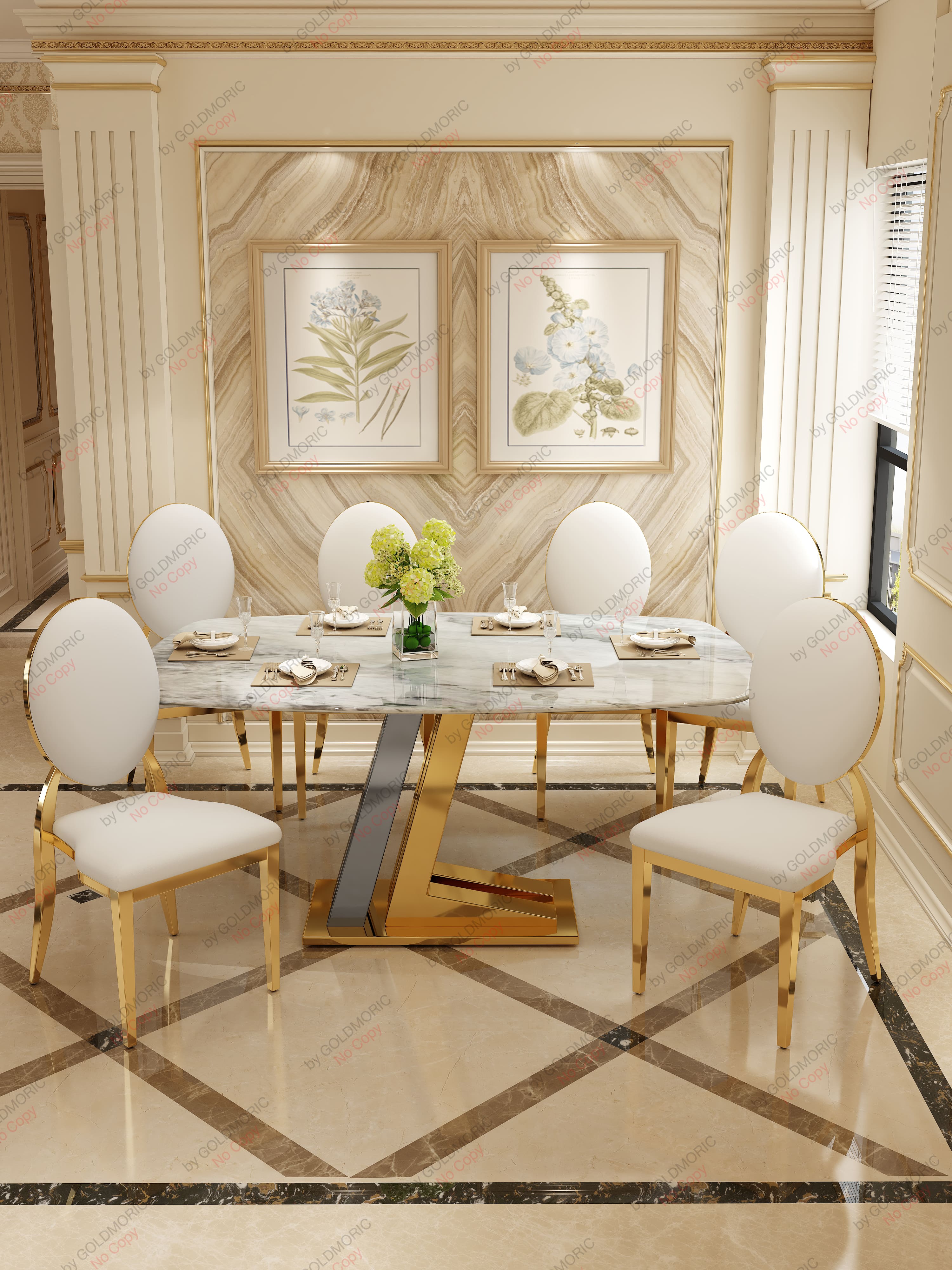 (รับประกัน1ปี ส่งฟรี) ชุดโต๊ะอาหารหินอ่อนแท้ (หินภูเขาลึก) Goldmoric รุ่น Cara-16T พร้อมเก้าอี้ 6 ที่นั่ง ราคา 39,400 บาท*ส่งฟรี