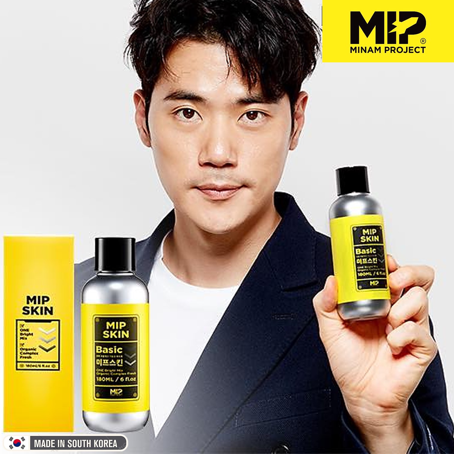 ผลิตภัณฑ์โทนเนอร์เพื่อผิวหน้ากระจ่างใสลดปัญหาริ้วรอยสำหรับผู้ชายจากเกาหลี MIP Skin One Bright Mix, Organic Complex Fresh 180ml