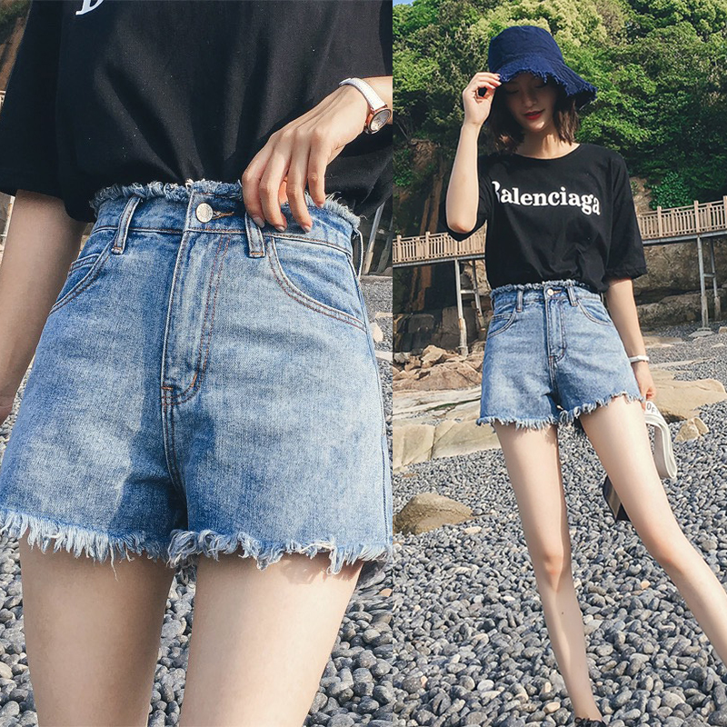 High waisted  jeans shorts for Girls Summer School Korean Edition burr wide leg fat mm loose plus fat size a hot pants
