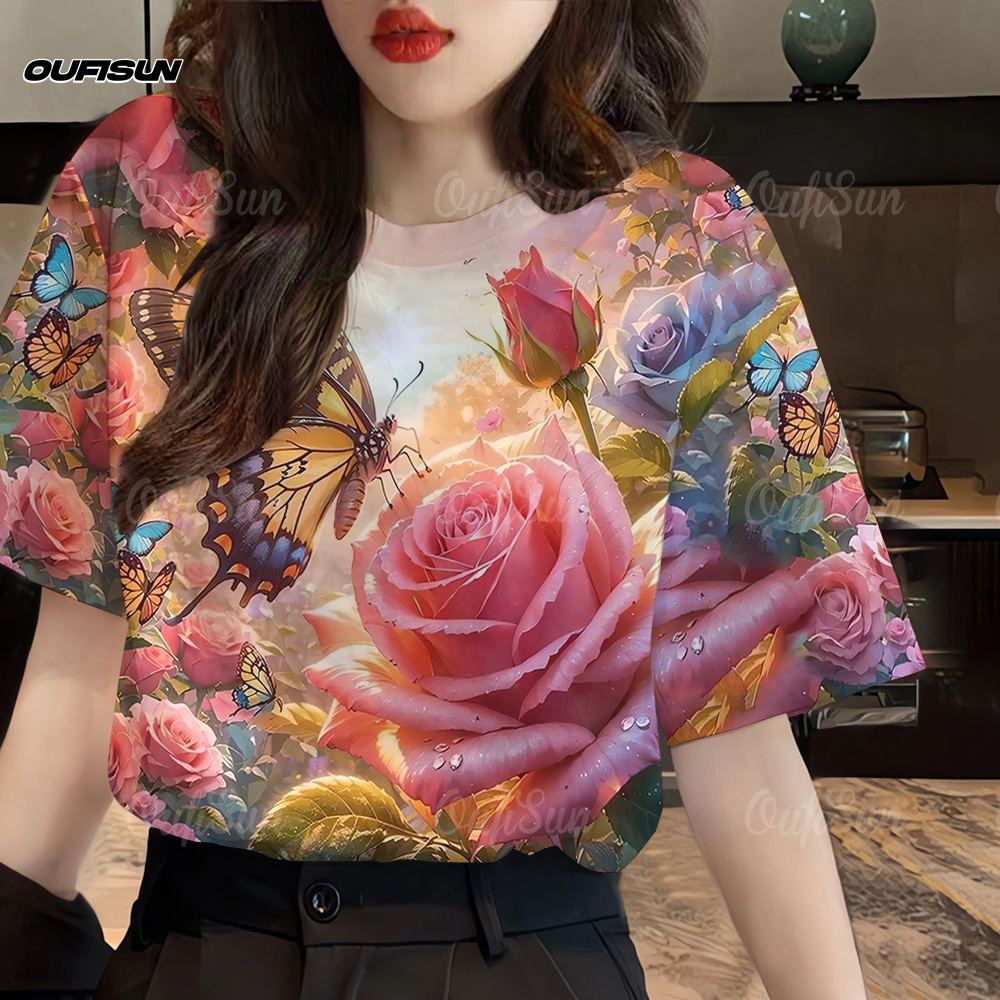 Songkran 2568 round neck casual butterfly flower short sleeve fashion streetwear Tops Daily ราคา 97 บาท*ส่งฟรี