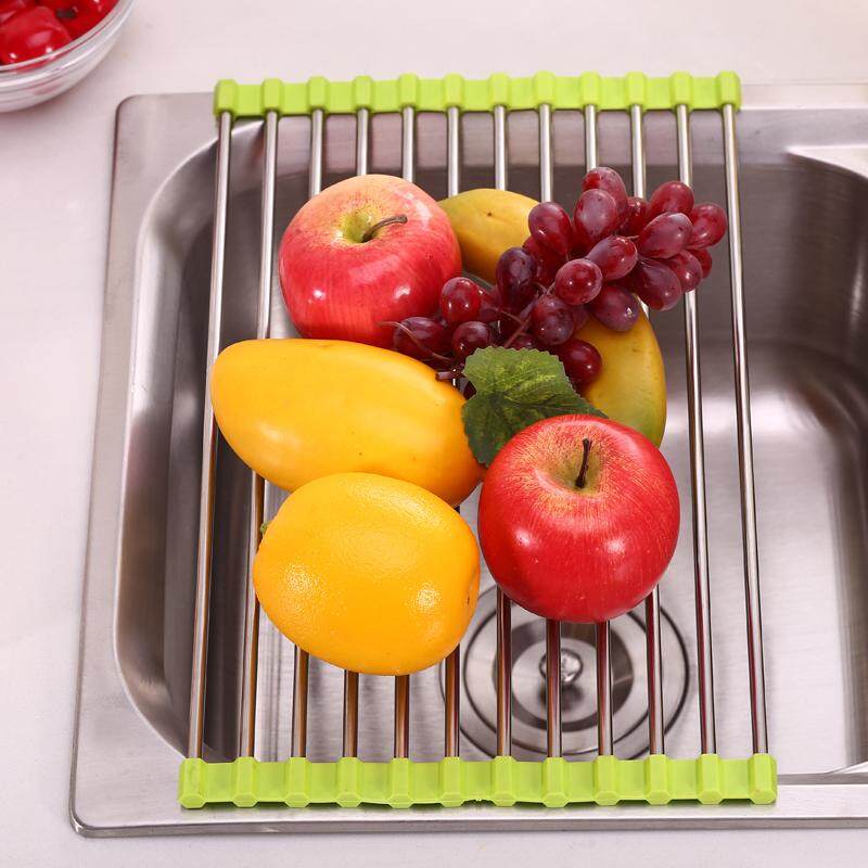 ชั้นวางท่อระบายน้ำ ตะแกรงเพื่อให้จานแห้งท่อระบายน้ำสแตนเลสผู้ถืออ่างล้างจานชั้นวางของในครัวถาดถ้วย Folding Kitchen Over Sink Dryer Fruit Dish Vegetable Drainer Shelf Holder Rack