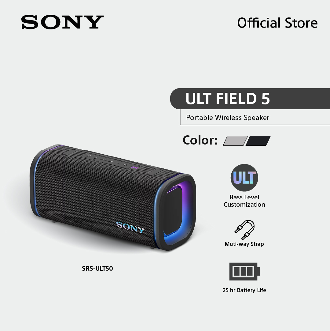ลำโพงบลูทูธไร้สาย Sony พกพา รุ่น Srs-Ult50 Ult Power Sound Series ลำโพงพกพาไร้สาย Ult Field 5 ระยะเวลาเล่นสูงสุด 25 ชั่วโมง กันน้ำ กันฝุ่น IP67 ราคา 10,990 บาท*ส่งฟรี