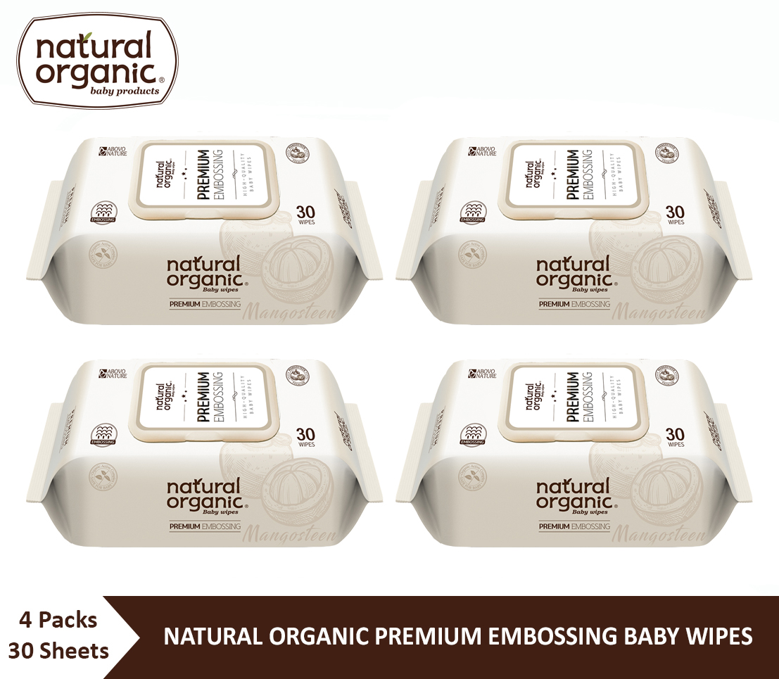 Natural Organic Premium Embossing Baby Wipes (Portable Cap Type, 4 X 30Sheets) ทิชชูเปียกเนเชอรัลออแกนิคพรีเมียมเบบี้ไวพ์ส แผ่นพิมพ์นูน ขนาดพกพา มีฝา บรรจุ 30 แผ่น 1 เซต จำนวน 4 ห่อ ราคา 279 บาท*ส่งฟรี