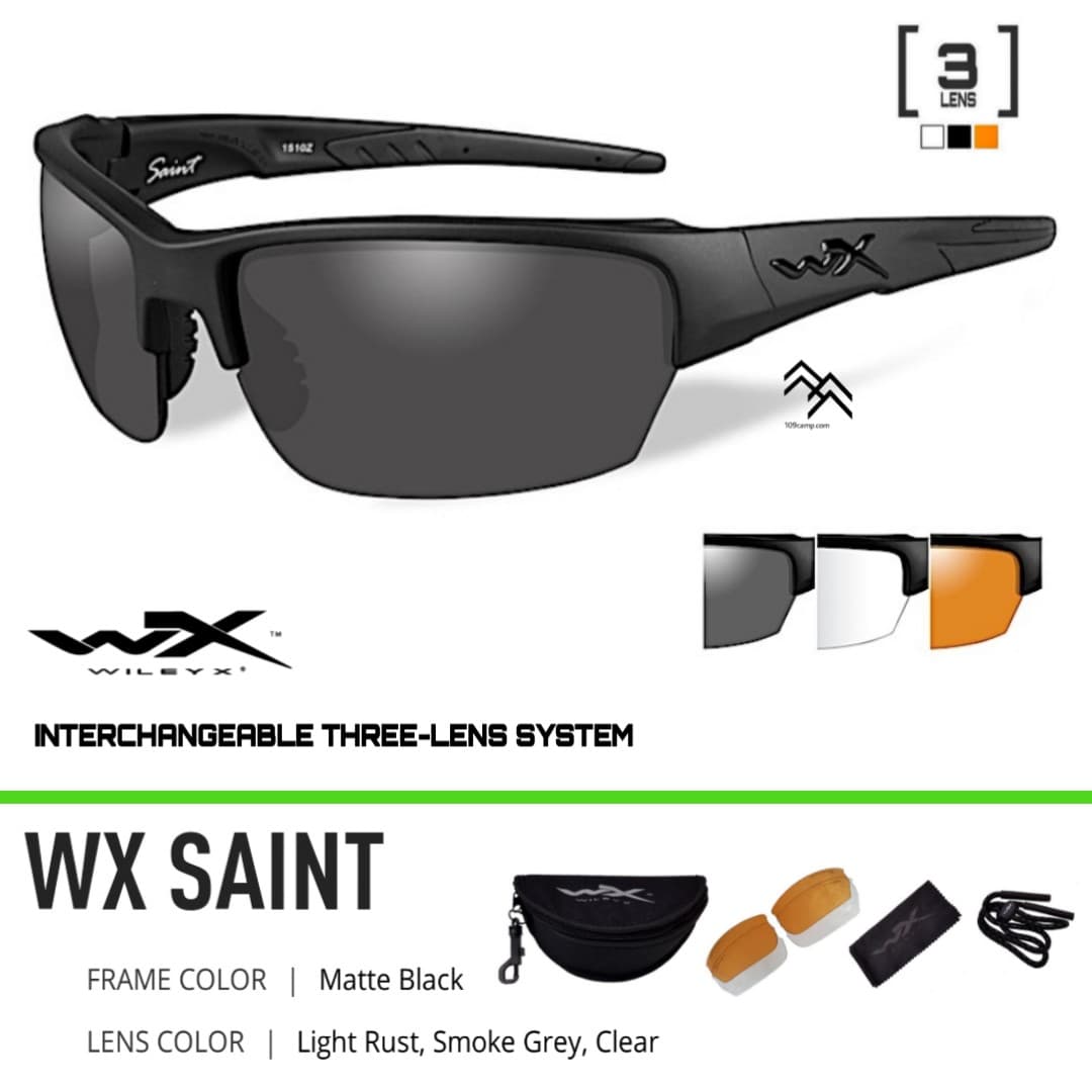 แว่นตาWileyX รุ่น SAINT ชุดสามเลนส์ โลโก้WXสีดำลดแสงสะท้อนในการปติบัติหน้าที่ พร้อมกระเป๋าผ้าเก็บอุปกรณ์ ใส่ขับรถ เดินเที่ยว หรืองานทหารตำรวจ กันกระแทกสูง