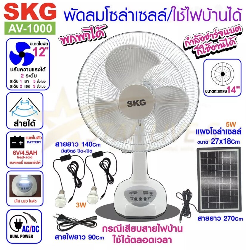 SKG รุ่น AV-1000 พัดลมโซล่าเซลล์ 14 นิ้ว แบตเตอรี่ในตัว พร้อมแผงโซล่าเซลล์ รับประกัน 1 ปี