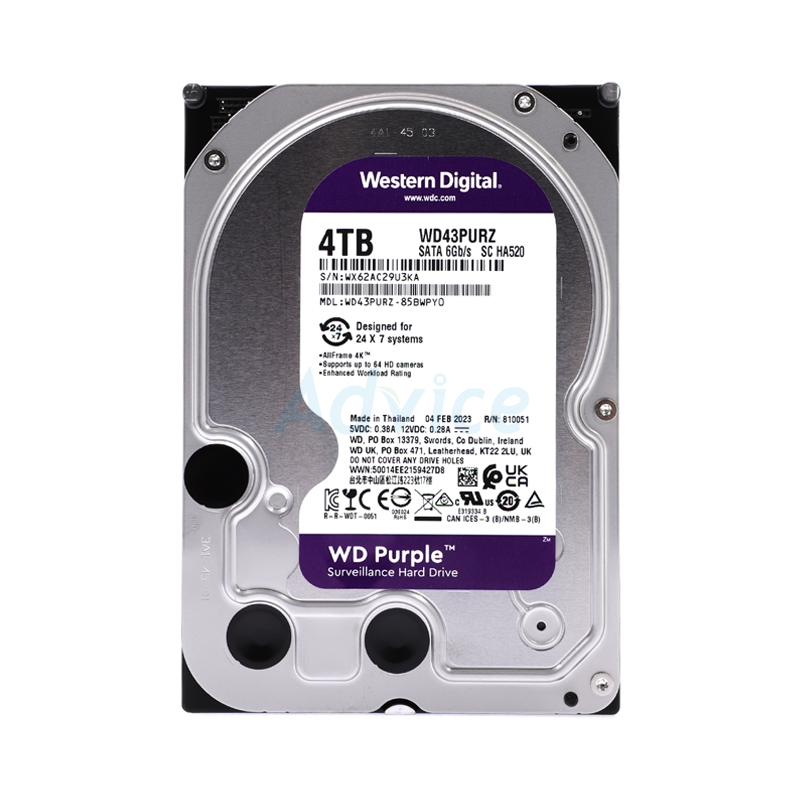 4 TB HDD CCTV WD PURPLE (5400RPM, 256MB, SATA-3,WD43PURZ) ราคา 3,480 บาท*ส่งฟรี
