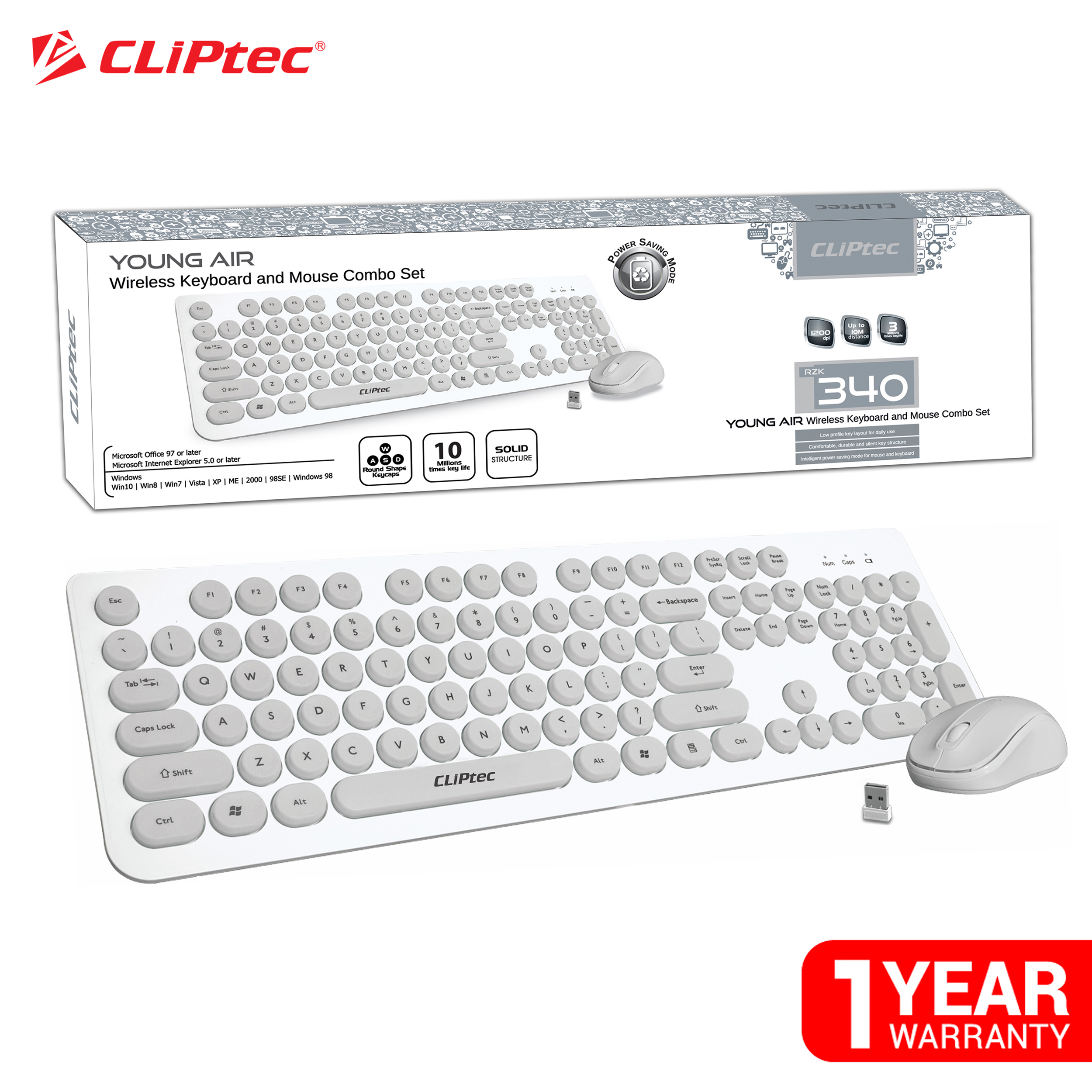 CLiPtec RZK340 Young Air Wireless Keyboard&Mouse คีย์บอร์ดไร้สายและเมาส์ไร้สาย ปุ่มกลมสีพาสเทลเสียบ USB ตัวเดียวต่อสัญญาณ 2อุปกรณ์พร้อมกัน