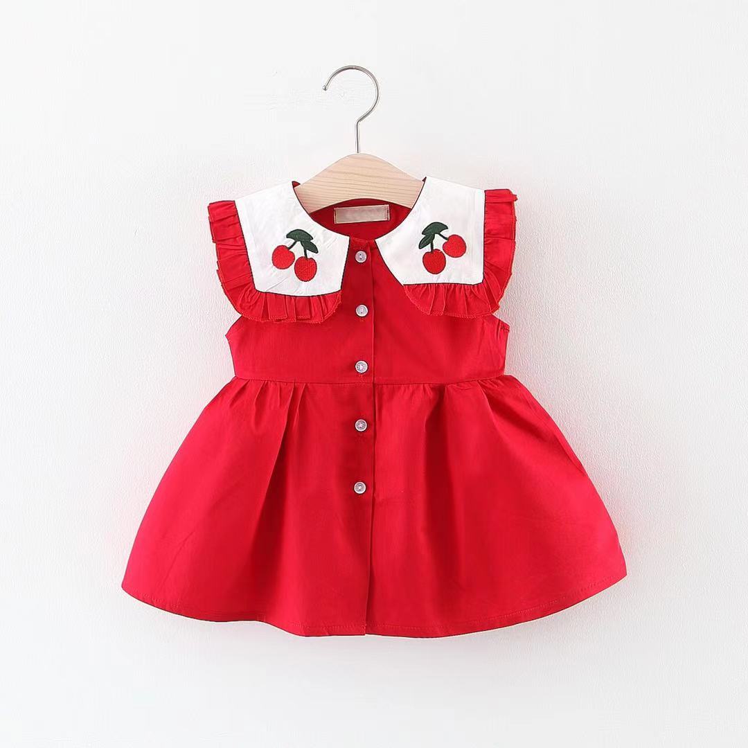 Baby girl dressผู้หญิงชุดเดรสกระโปรงเด็กสีเเดงลายเชอร์รี่น่ารักมากๆ ผ้าคอตตอนนิ่ม ใส่สบาย0-3year