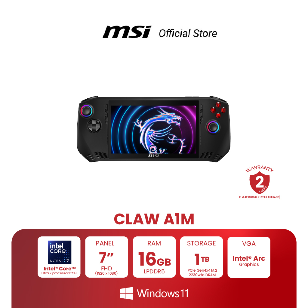 MSI CLAW A1M HANDHELDS | 7" FHD | IPS 1920 x 1080 | Touchscreen | Up to Intel Core Ultra 7 155H | Intel Arc Graphics | 16GB LPDDR5 | 1TB PCIe Gen4x4 M.2 2230 w/o DRAM | Windows 11 Home (เครื่องเล่นเกมพกพา) [Pre-Order จัดส่งภายใน7-15วัน] ราคา 20,990 บาท*ส่งฟรี