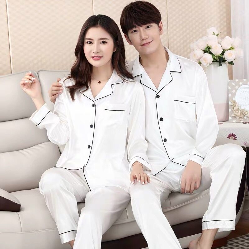 XY-FASHIONชุดนอนคู่แฟชั่นเกาหลี สีล้วน ผ้าซาติน【คู่-เสื้อแขนยาว+กางเกงขายาว】