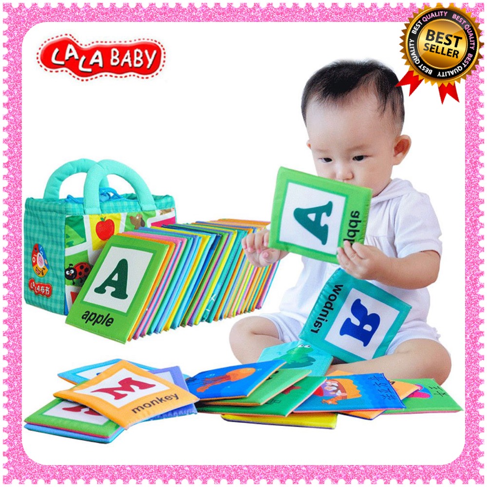 การ์ดผ้า A-Z สำหรับเด็กเล็ก แผ่นการเรียนรู้สำหรับเด็กเล็ก หนังสือผ้าสำหรับเด็กเล็ก แผ่นภาพคำศัพท์ภาษาอังกฤษและภาษาจีน LALABABY 26 PCS Alphabet Letters Cards with Bag Baby Early Education Cotton Soft Cloth Book for Over 0 Years