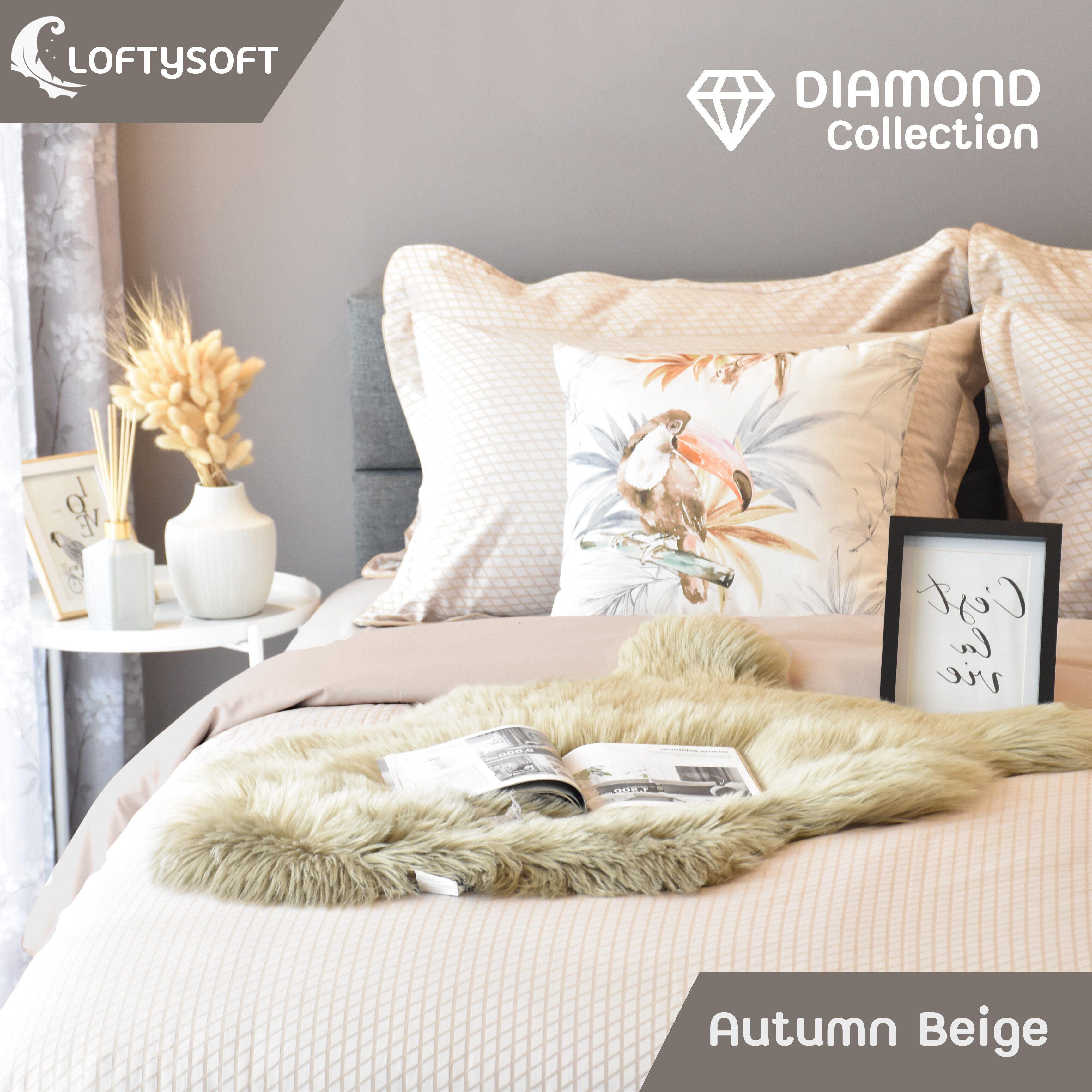 LOFTYSOFT Bed Sheet Set 6ft KING, 5ft QUEEN, 3.5ft SINGLE, Cotton Silk 550TC, Diamond Collection - Autumn Beige ราคา 1,900 บาท*ส่งฟรี